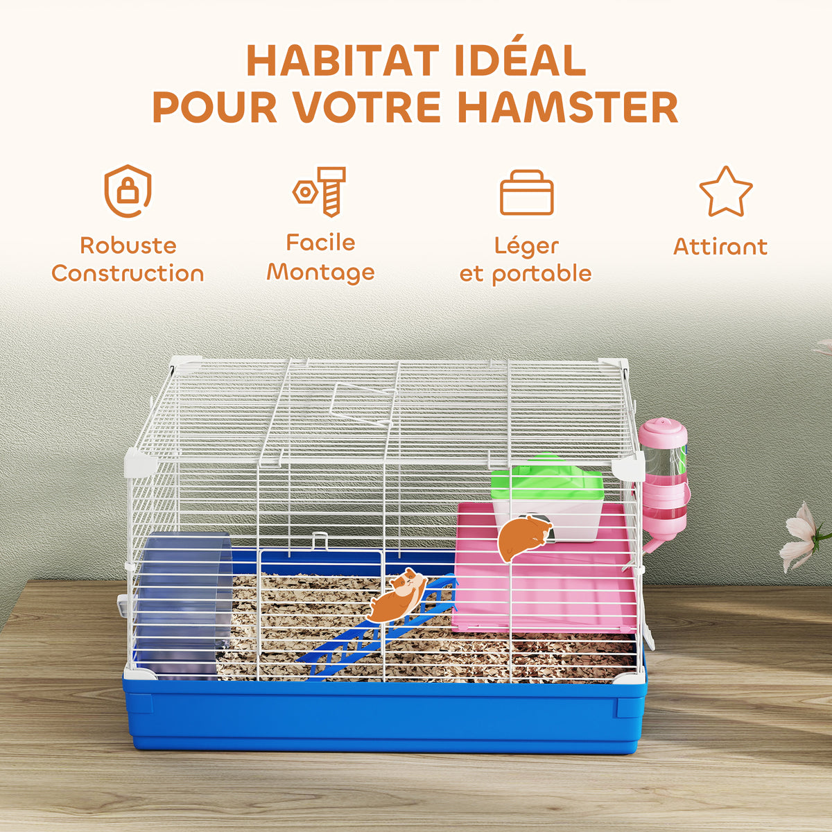 Cage Hamster, Cage Rongeur à 2 Niveaux, Base Amovible pour Nettoyage Facile, Cabane, Roue d'Exercice, 47x30x27cm, Bleu