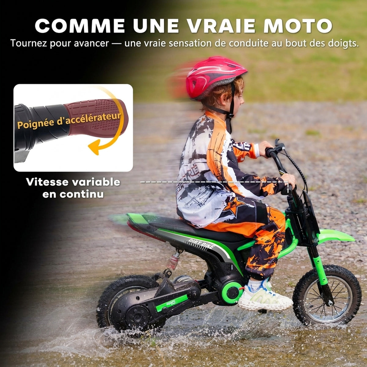 Moto cross électrique enfant moto électrique enfants moteur 350 W batterie 12V 8-16 km/h pneus gonflables 12'' vert
