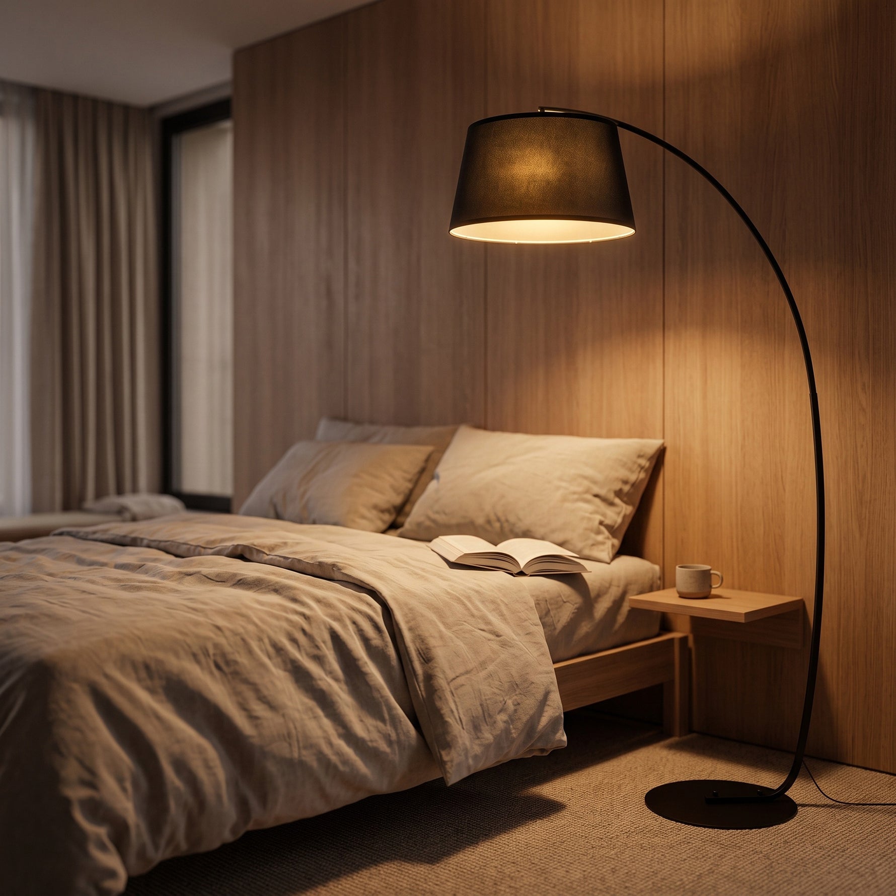 Lampe Lampadaire à Arc Salon Courbée - Lampe Arceau Moderne en Métal - Lampadaire sur Pied, Métal et Lin, Noir