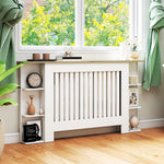Cache-radiateur avec étagères de rangement ouvertes, couvercle de radiateur en bois à lattes, 152x19x83cm, blanc