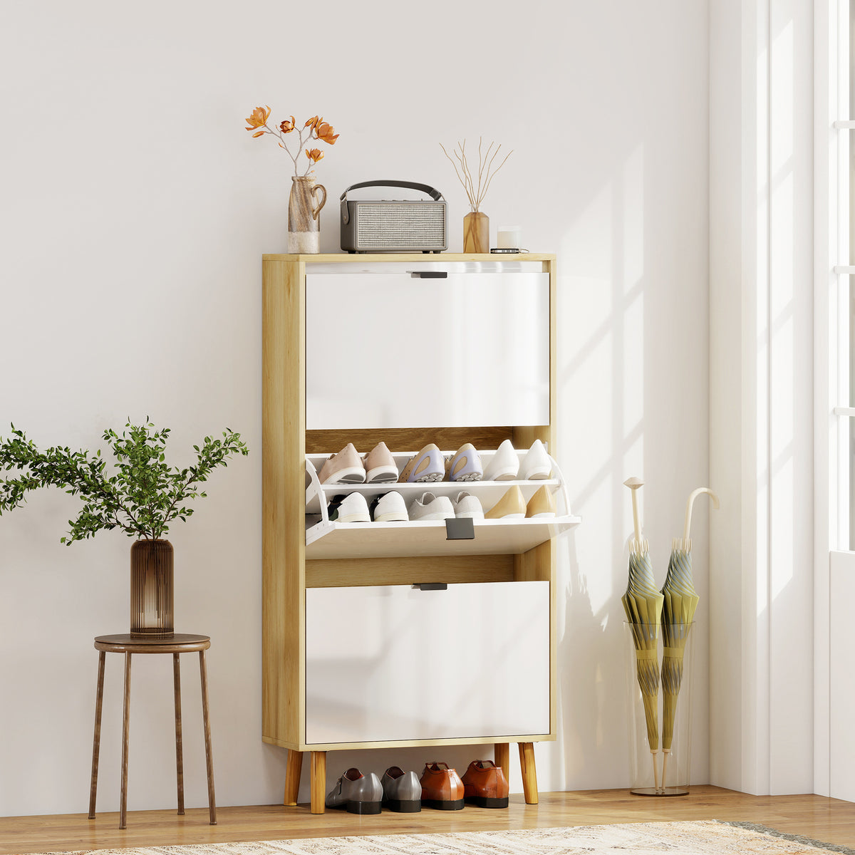 Meuble à chaussures, armoire à chaussures étroite, 3 tiroirs rabattables, porte haute brillante, 60x24x127cm, blanc