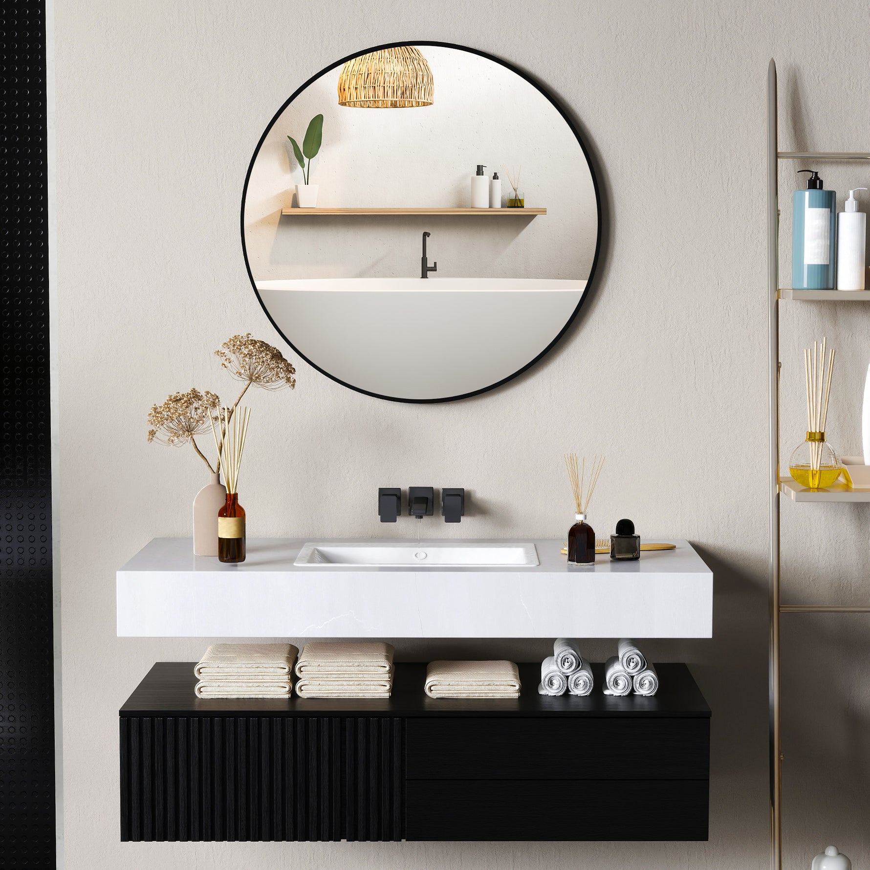 Miroir rond miroir salle de bain cadre en métal facile à installer, pour chambre, salon, entrée, Ø 70 x 2,5 cm noir