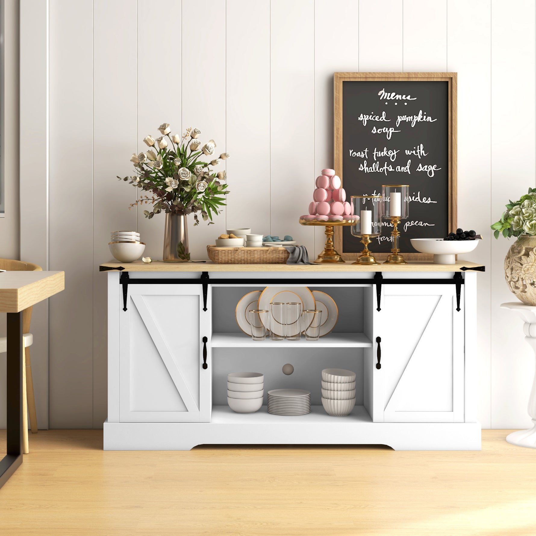 Buffet meuble de rangement avec 2 portes coulissantes étagères réglables 150l x 40P x 72H cm en bois blanc chêne