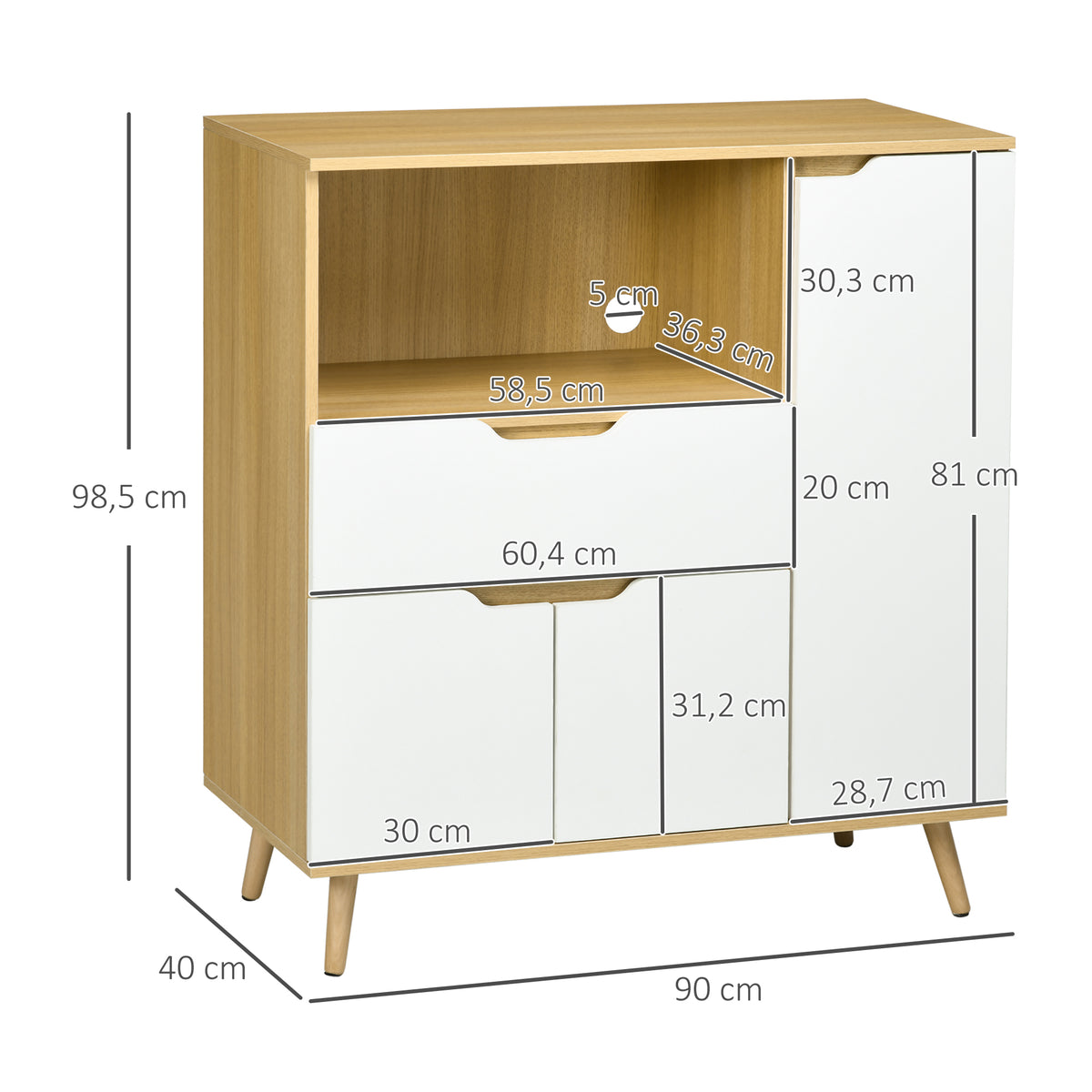 Meuble de rangement cuisine pour micro-ondes, 1 tiroir, 2 placards une étagère, 90 x 40 x 98,5 cm, bois et blanc