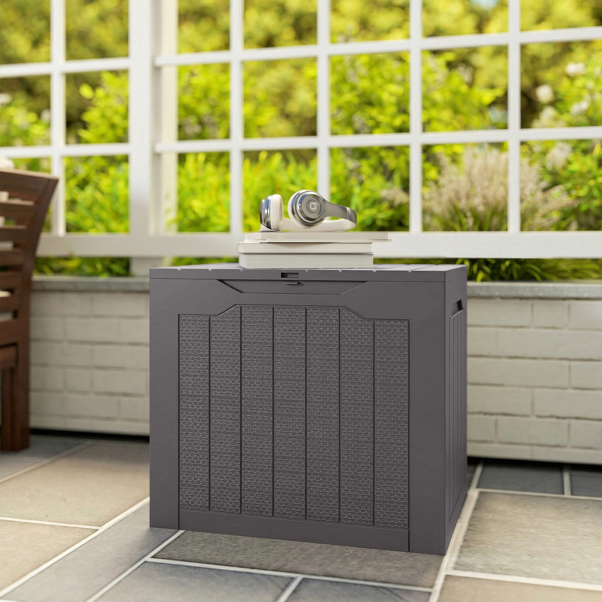 97L outdoor storage box with recessed handles, waterproof outdoor storage chest 56 x 41 x 50 cm, brown