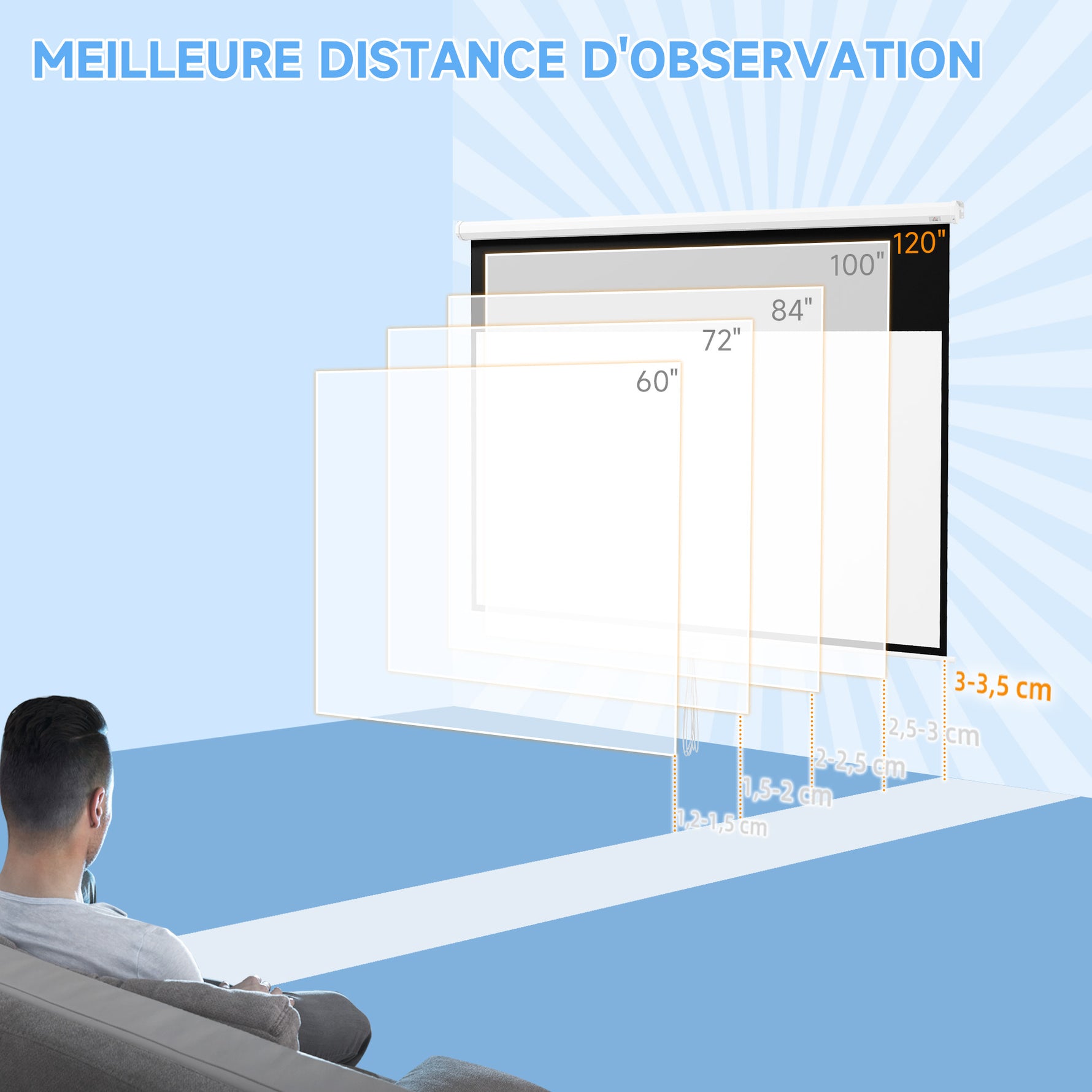 Écran de projection TV et Home Cinema de 120 Pouces vidéo projecteur 16:9 4K HD, fixation mural ou plafond