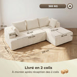 Canapé d'angle 256 cm avec méridienne, canapé-lit 3 places en chenille forme de L, assise et accoudoirs larges, beige