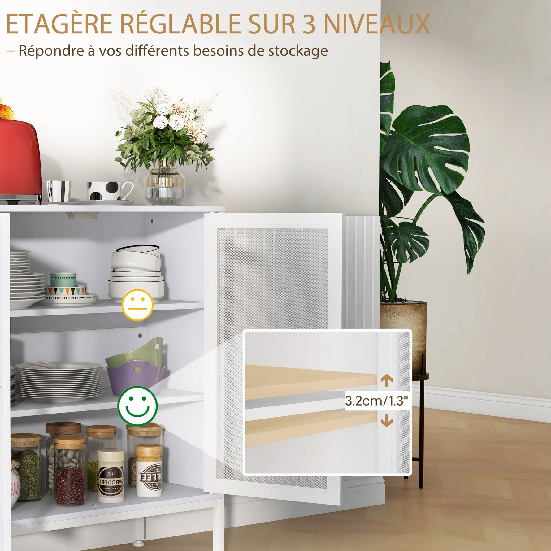 Buffet meuble de cuisine à 3 niveaux avec 2 portes grillagées avec étagère réglable 80 x 37 x 92 cm blanc