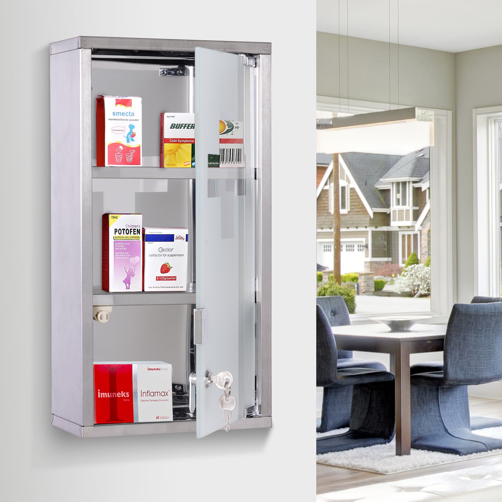 Armoire à Pharmacie 2 étagères 3 Niveaux verrouillable Porte Verre trempé dépoli Logo Croix 25L x 12l x 48H cm Acier INOX