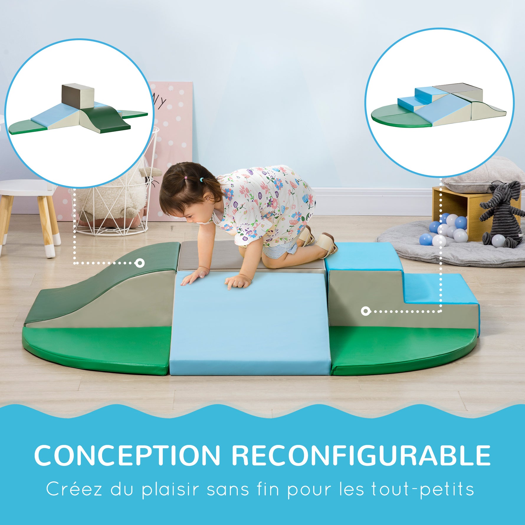 Parcours motricité bébé 6PCS, module motricité bébé en mousse EPE avec housse en revêtement synthétique, blocs mousse de construction, jouets éducatifs enfants d'âge préscolaire, multicolore