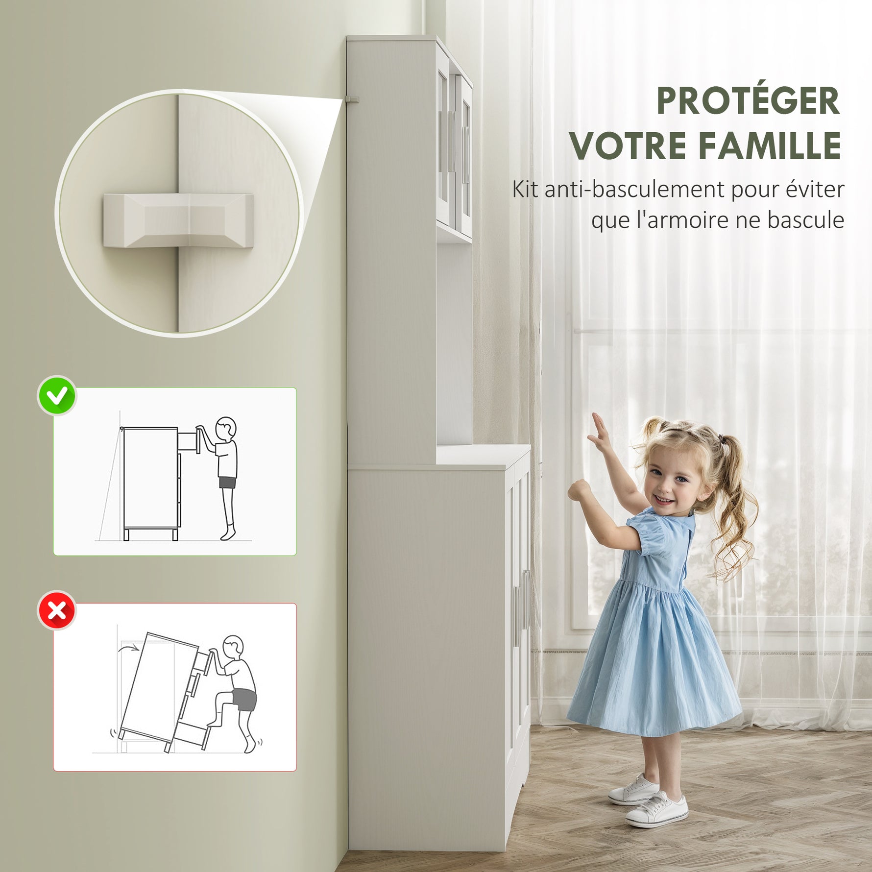 Armoire de cuisine scandinave avec placards, compartiments ouverts, portes vitrées et plan de travail, blanc