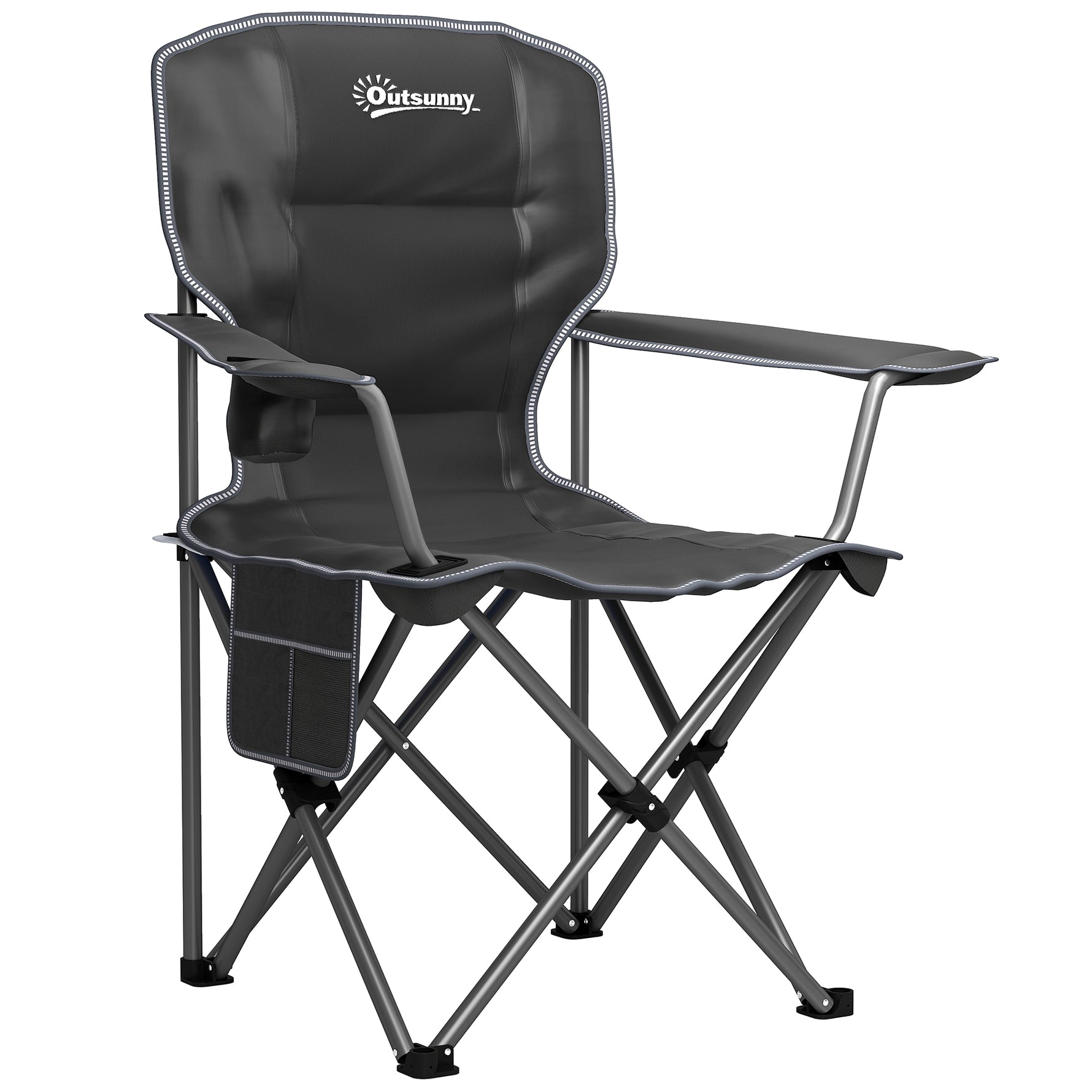 Chaise de camping pliante et portable avec porte-gobelets, poches latérales et sac de transport, noir