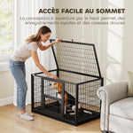 Jaula para perro resistente, caseta para interior con techo abatible y puerta de alimentación, acero, 94 x 60 x 64 cm, negro