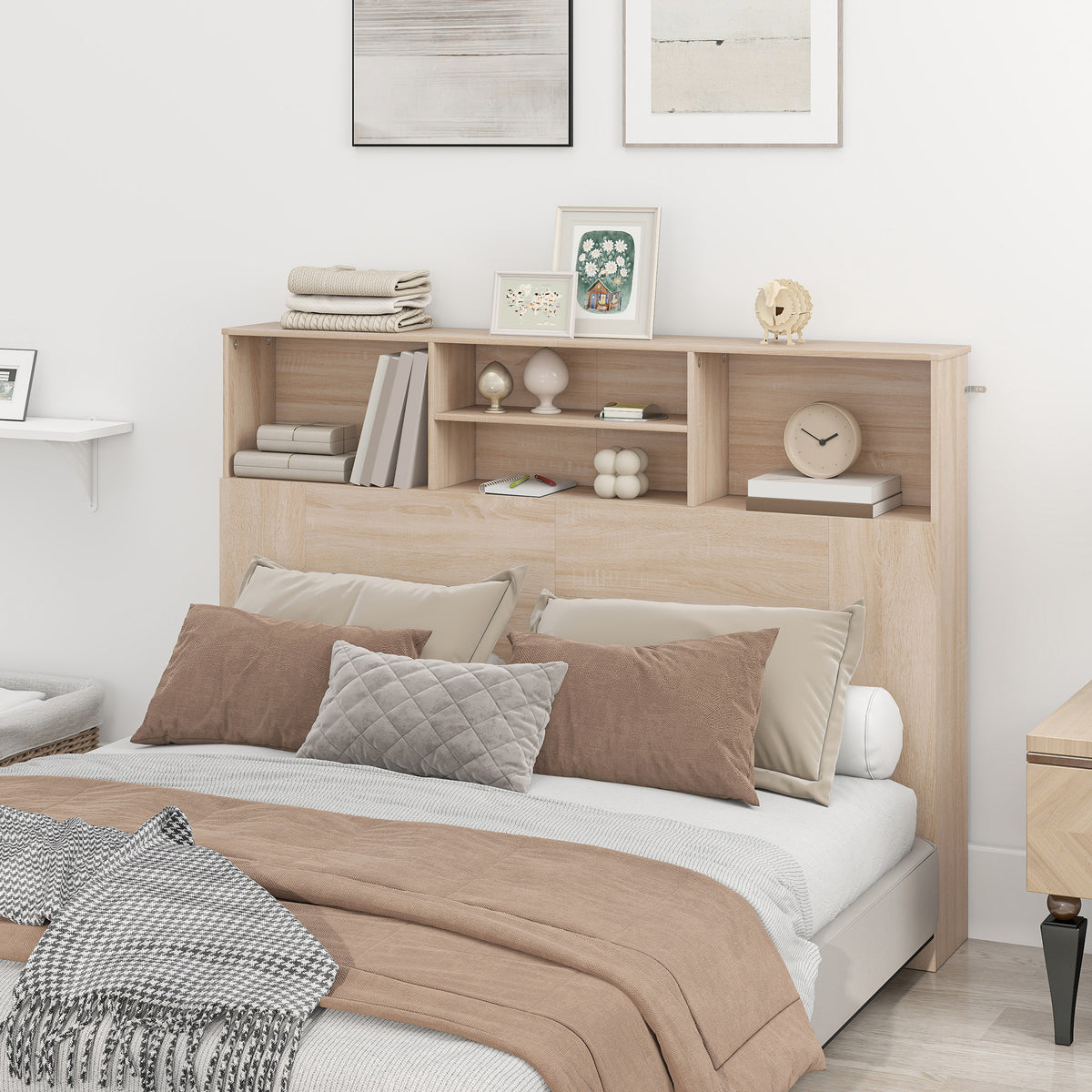 Tête de lit sur pied avec rangements, accessoire de lit 4 compartiments ouverts, 140 x 19 x 103,5 cm, effet bois naturel