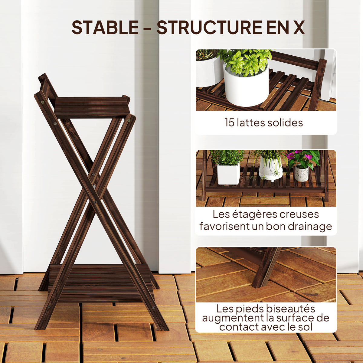 Lot de 2 support plantes intérieur 2 niveaux étagères à plants avec support arrière 73 x 36 x 64 cm marron