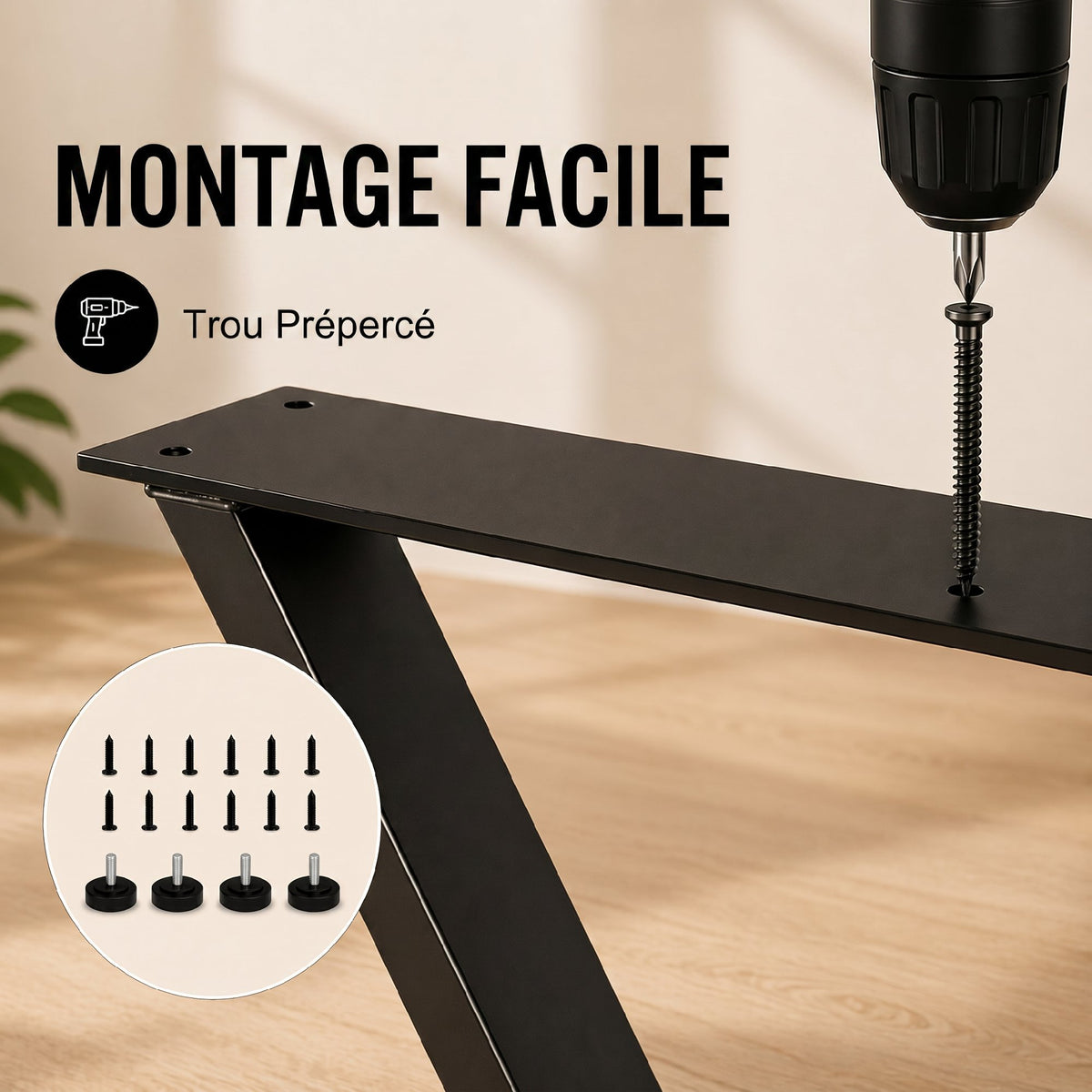 Pieds de table en acier, 60 x 72 cm, lot de 2 pieds de bureau en forme X avec patins réglables et vis, noir