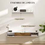 Ensemble meuble TV suspendu avec étagère murale meuble télé bois mural passe-câbles 120 x 24 x 16 cm blanc