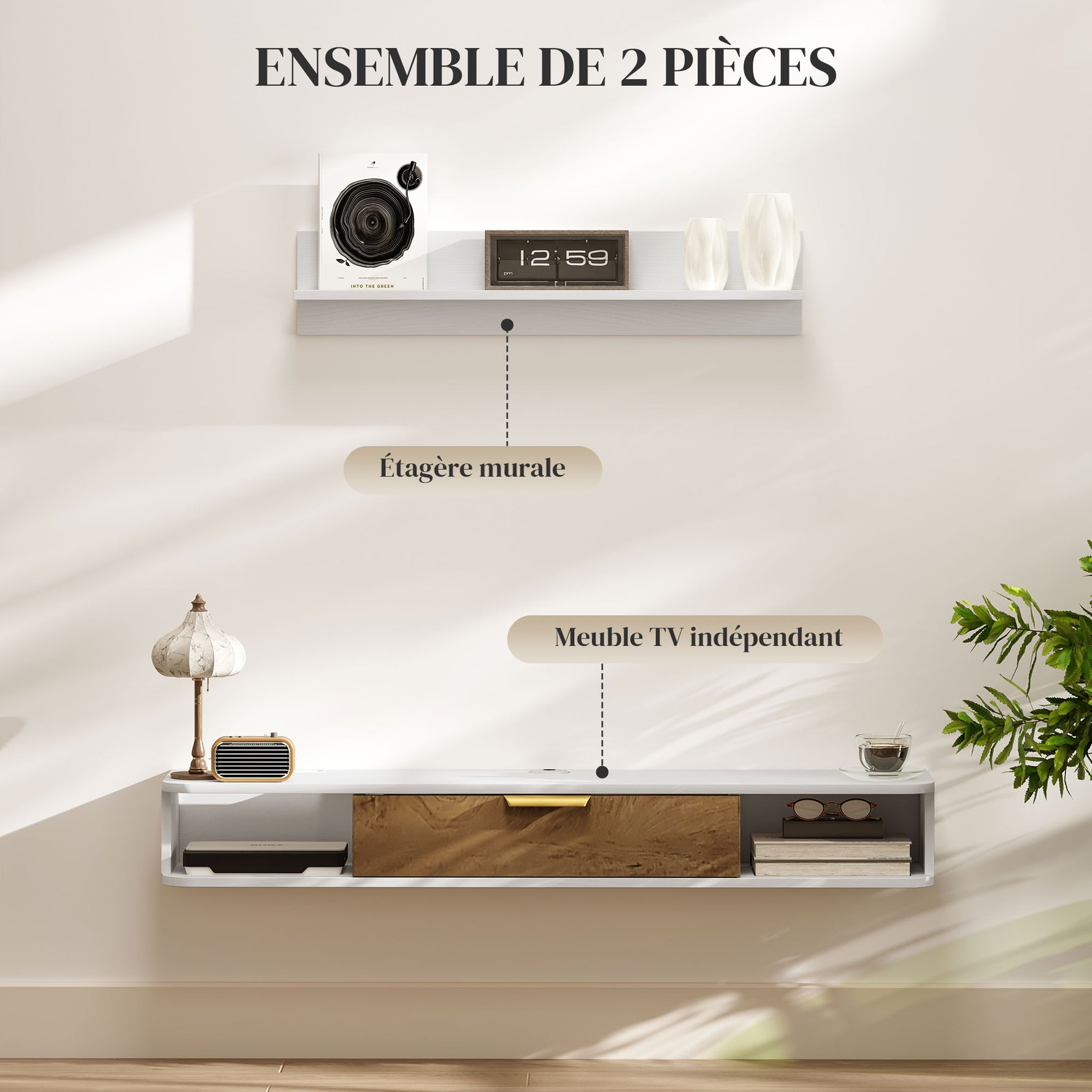 Ensemble meuble TV suspendu avec étagère murale meuble télé bois mural passe-câbles 120 x 24 x 16 cm blanc