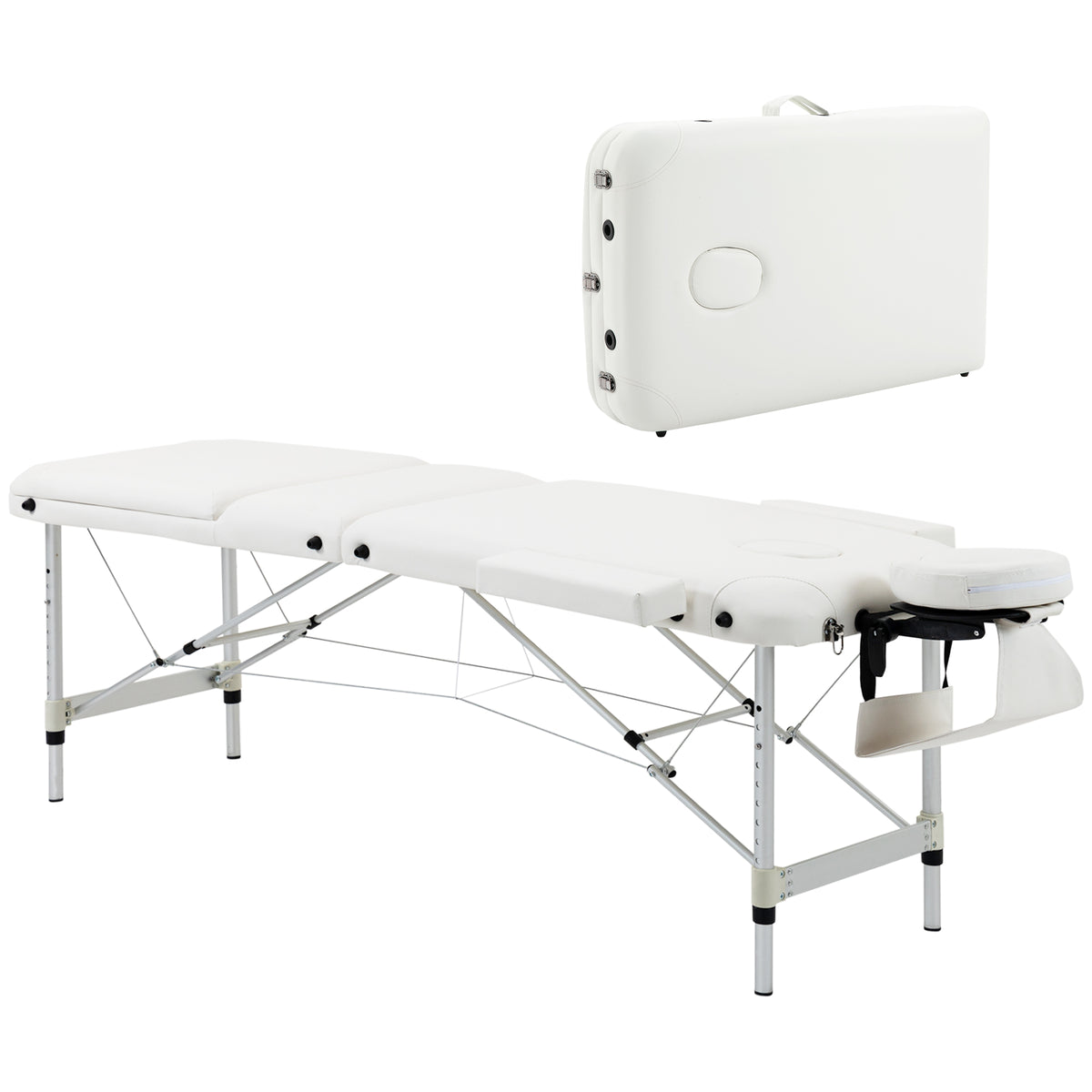 Table de massage 3 zones pliante cosmétique portable charge max. 225 Kg hauteur réglable cadre en alliage blanc