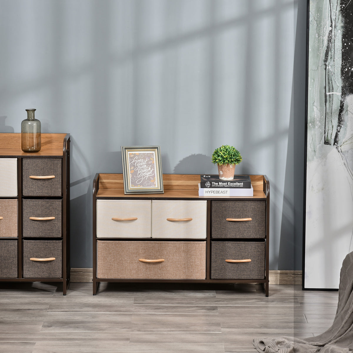 Commode Meuble de Rangement 5 tiroirs en Tissu 87,5 x 29 x 58 cm Marron et Beige