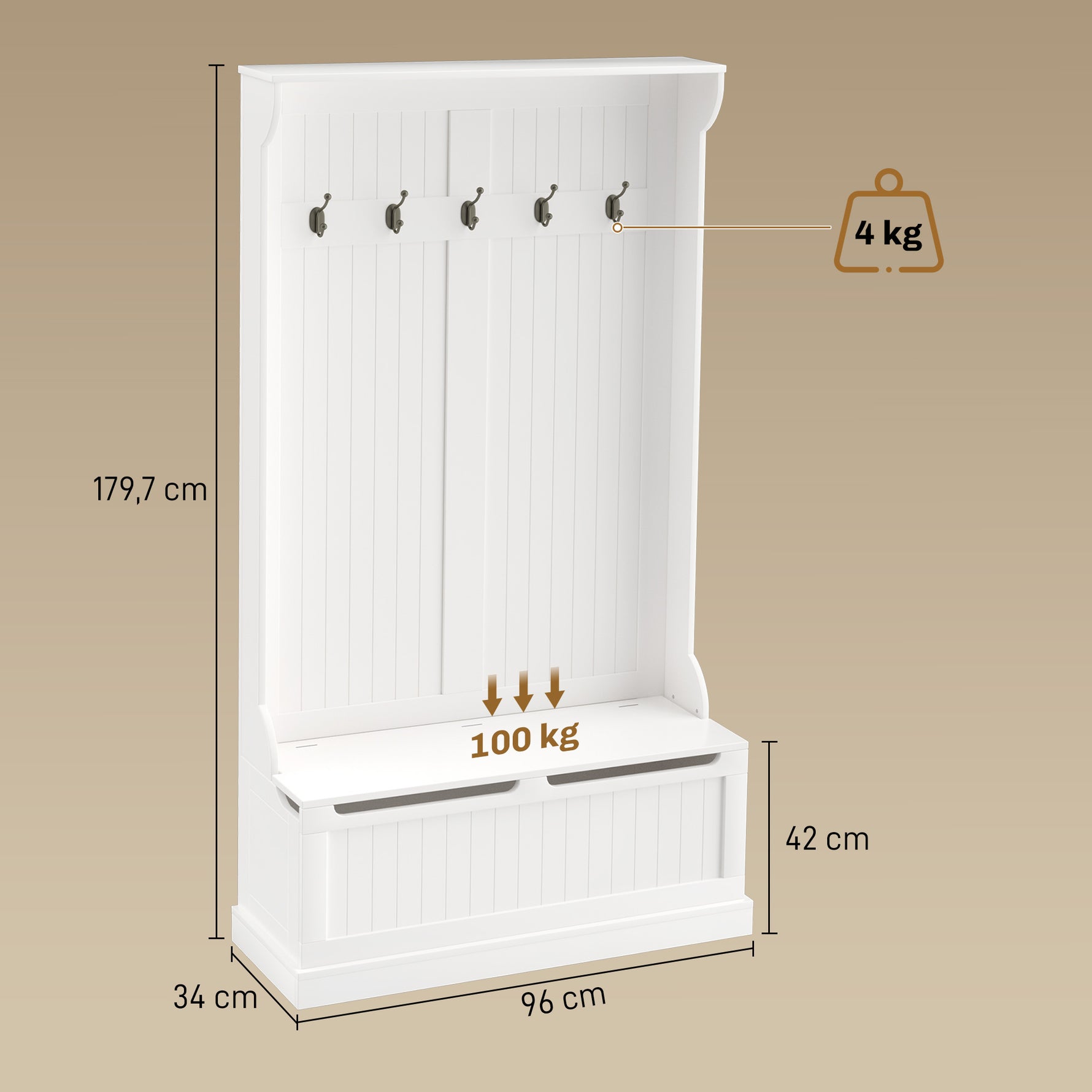 Meuble d'entrée avec banc porte manteaux 3 en 1 5 crochets banc de rangement pour salon couloir 96 x 34 x 179,7 cm crème