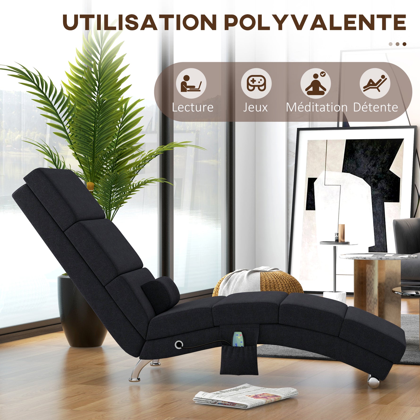 Fauteuil relax chaise longue de relaxation ergonomique, massant et chauffant avec télécommande 56 x 168 x 84 cm noir