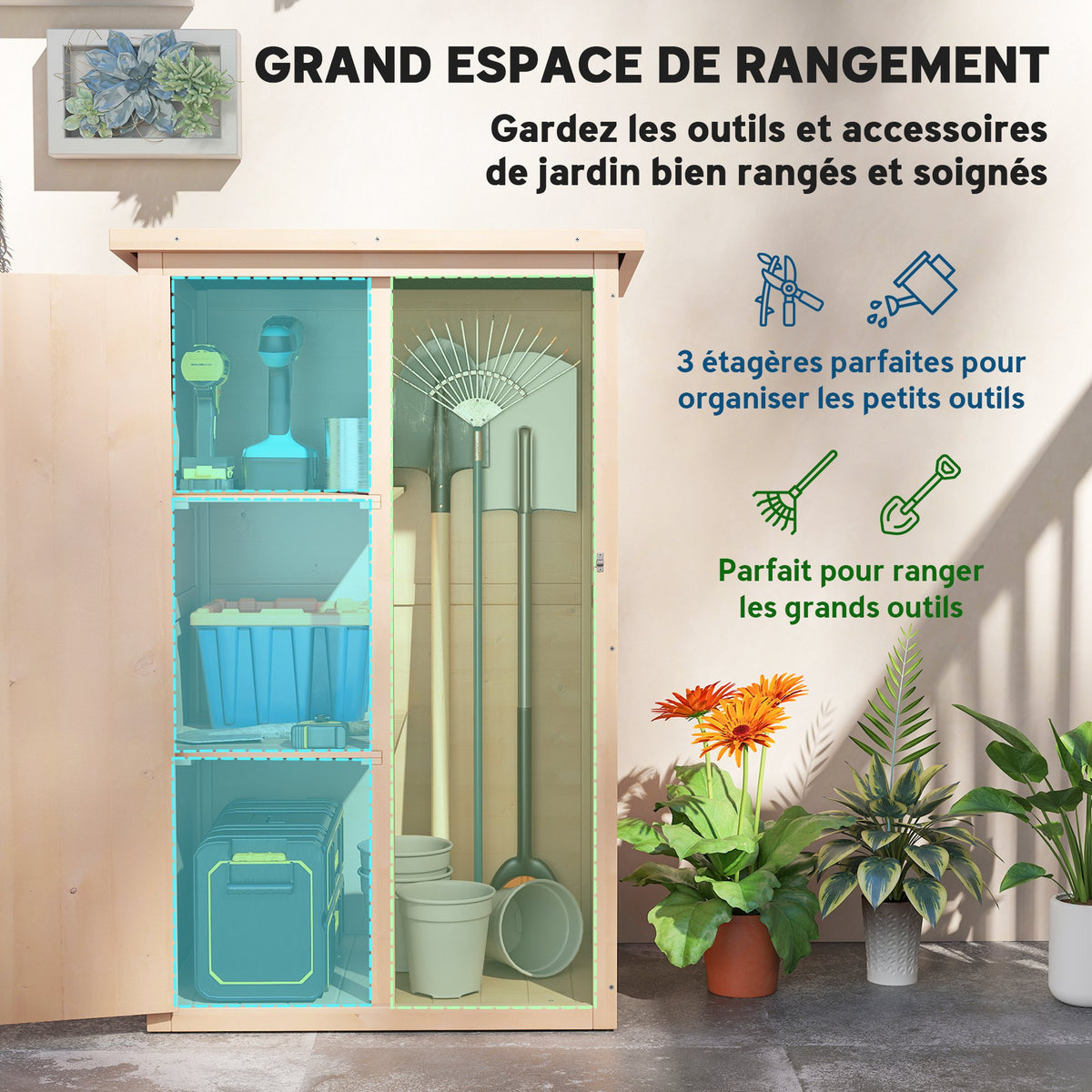 Armoire abri de Jardin Remise pour Outils Bois de Sapin pré-huilé Toit bitumé incliné - Grande Porte