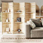 Paravent intérieur en bois 4 panneaux 160 x 170 cm, séparateur de pièce pliable 3 étagères, bois naturel effet brûlé