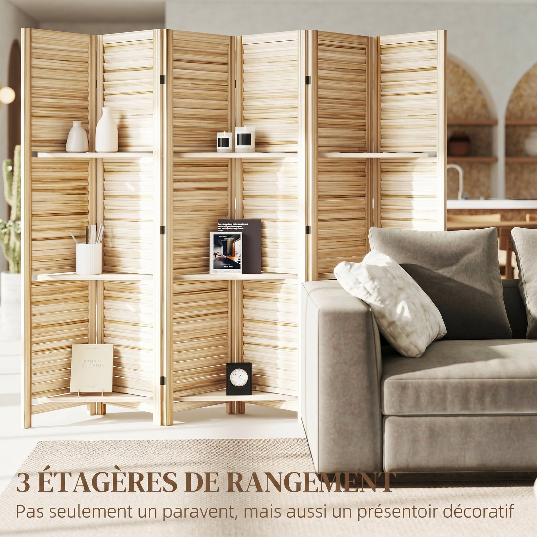 Paravent intérieur en bois 4 panneaux 160 x 170 cm, séparateur de pièce pliable 3 étagères, bois naturel effet brûlé