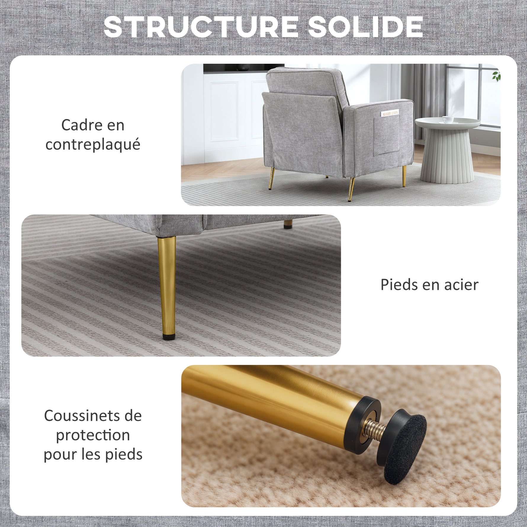 Fauteuil en tissu avec pieds en acier doré, grand confort, pochettes latérales, pour salon, bureau, chambre, gris