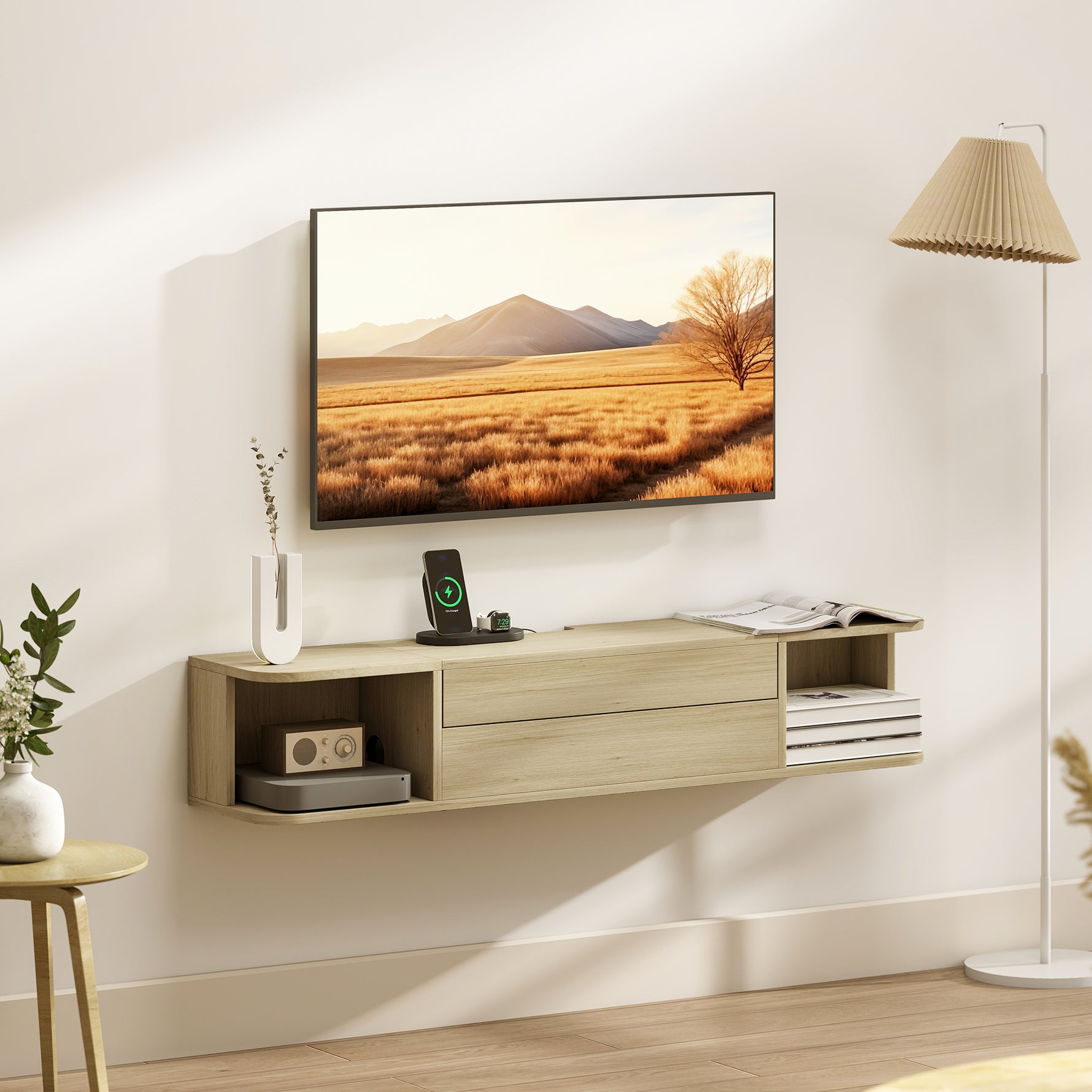 Meuble TV suspendu meuble télé pour téléviseur 50 pouces tiroir étagères passe-câbles 120x24x22,4cm effet bois naturel