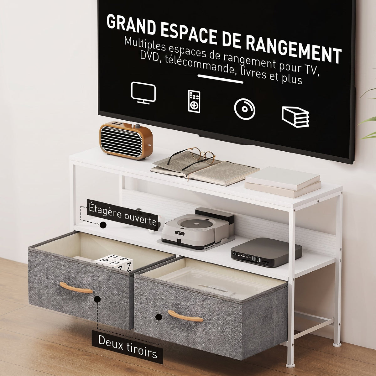 Meuble TV, meuble télé pour téléviseur jusqu'à 47 pouces avec 2 tiroirs et pieds en acier, 98 x 29 x 56 cm, gris clair