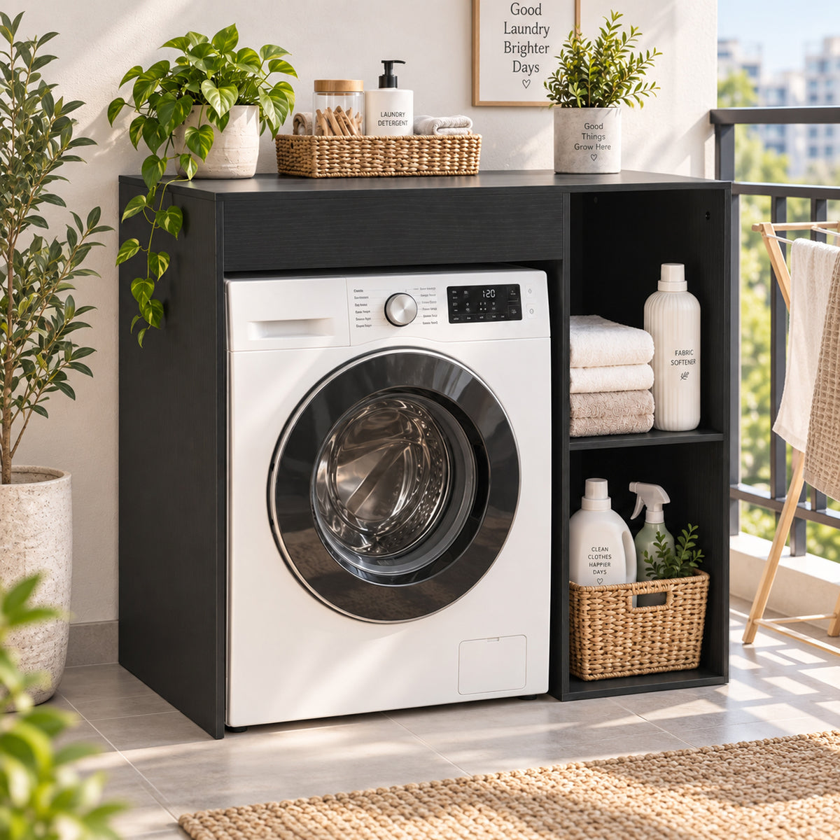 Mueble para lavadora, armario para lavadora y secadora con 2 compartimentos abiertos, 96 x 60 x 90,5 cm, negro