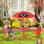 Ensemble Salon de Jardin Enfant 4 pcs Design Coccinelle - Table Ronde + 2 chaises Pliables + Parasol - métal époxy Oxford Rouge