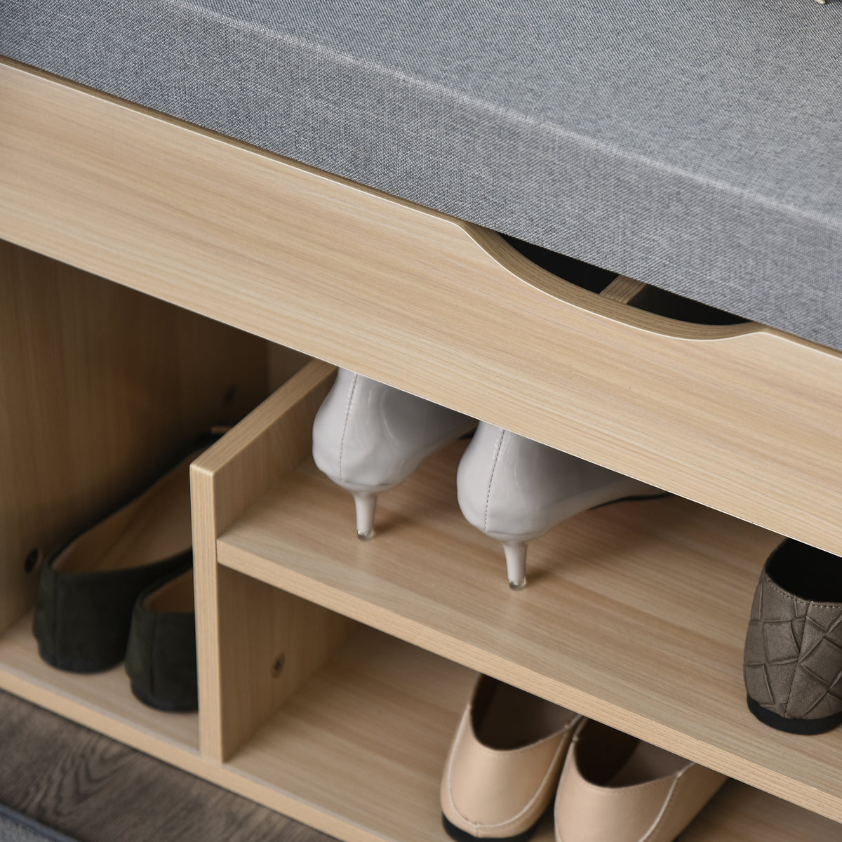 Scarpiera a panca con 2 ripiani, vano a giorno + contenitore integrato con cuscino beige grigio