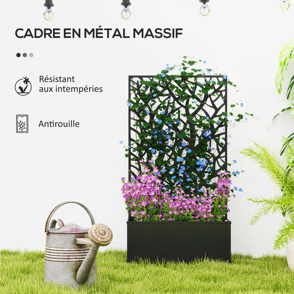 Jardinière avec treillis, bac à fleurs pour plantes grimpantes, légumes, fleurs en métal 61 x 23 x 113 cm noir