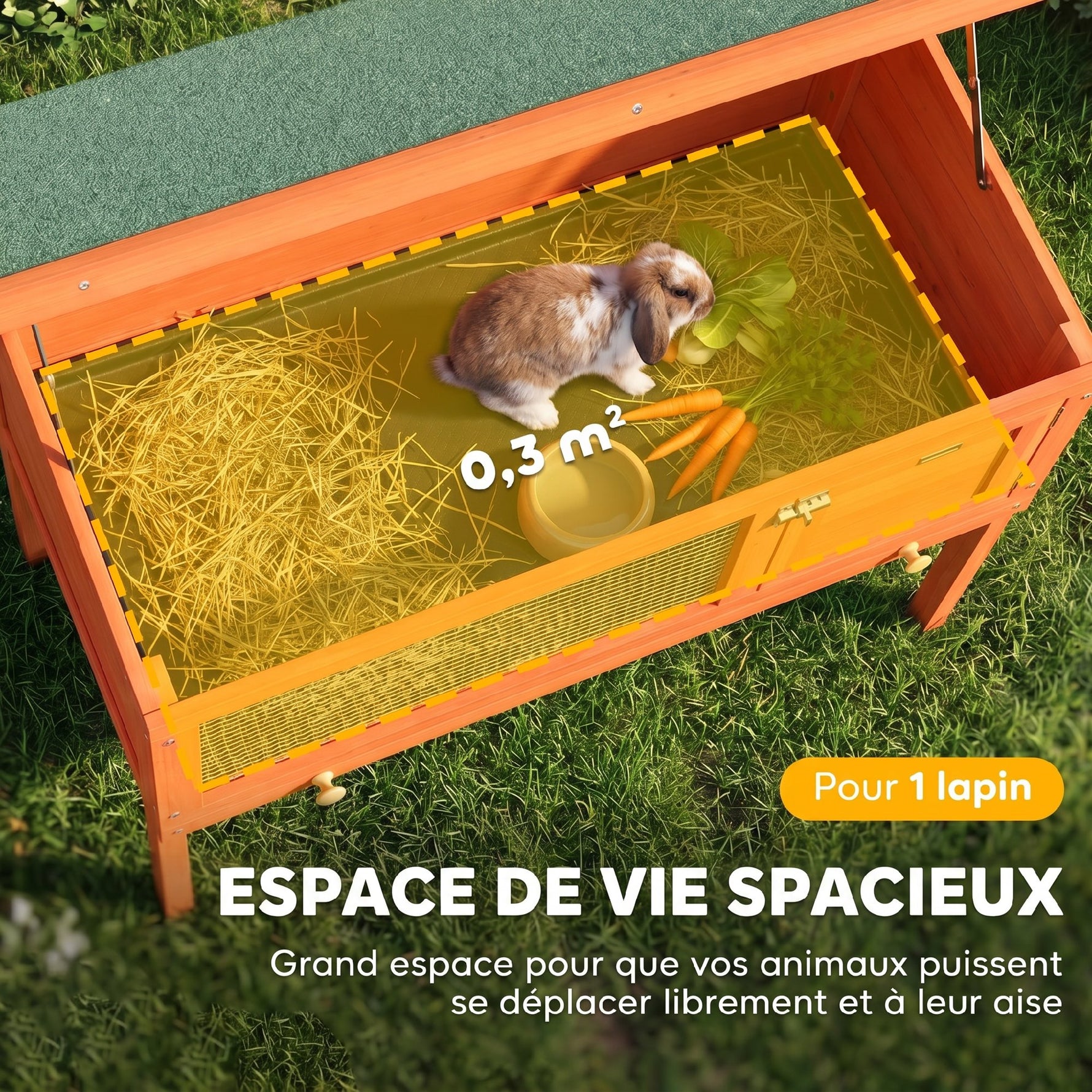 Clapier Lapin Extérieur en Bois, Toit Ouvrable en Asphalt et Plateau Coulissant, Design Surélevé, 90x45x65cm, Orange