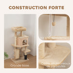Arbre à chat, tour de jeux, hauteur de 132 cm, avec lit, maison, brosse de toilettage,  55 x 44 x 132 cm, beige