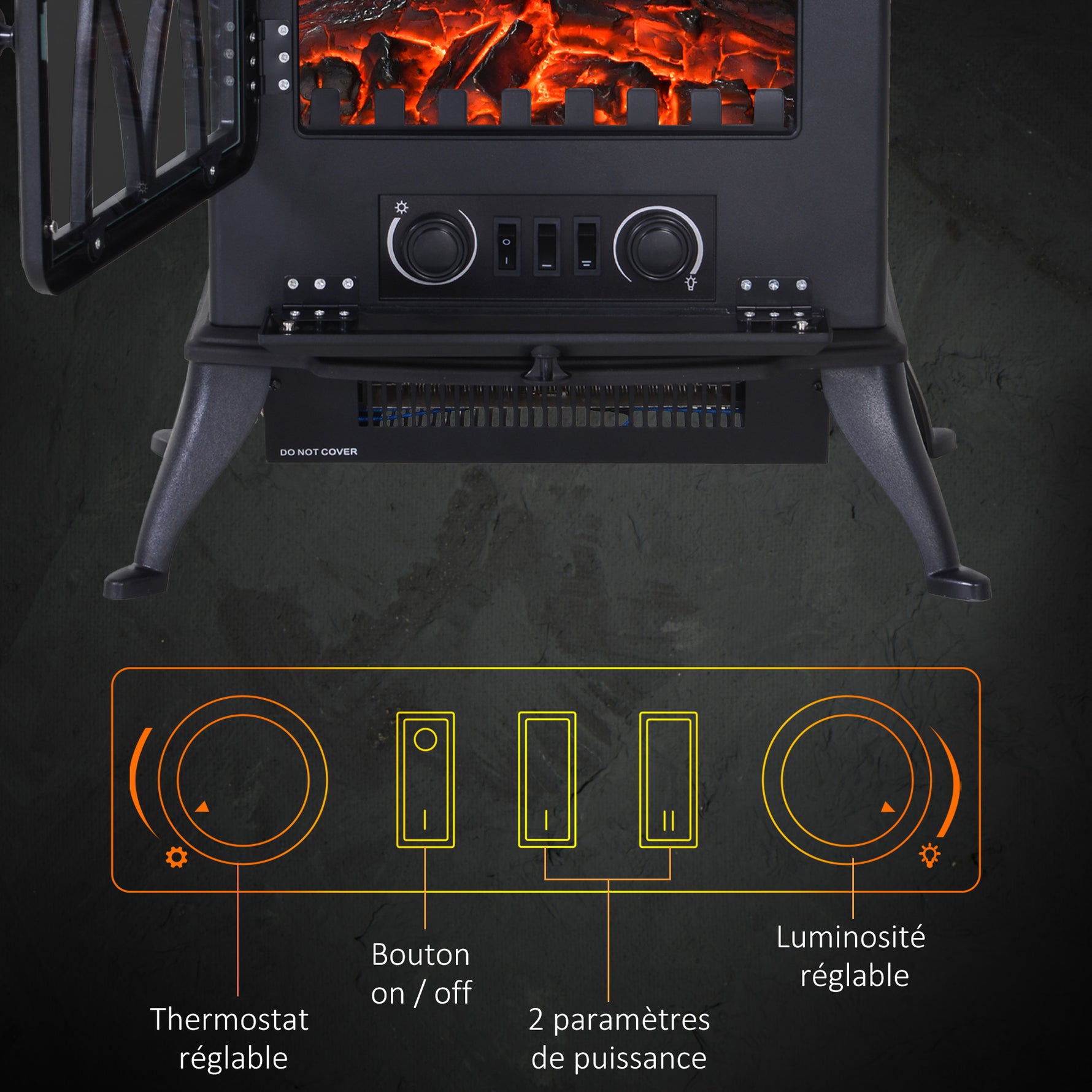 Cheminée électrique sur pied 1000/2000 W, fausse cheminée décorative avec effet flamme LED, protection contre la surchauffe, zone de couverture 15-30 m², noir