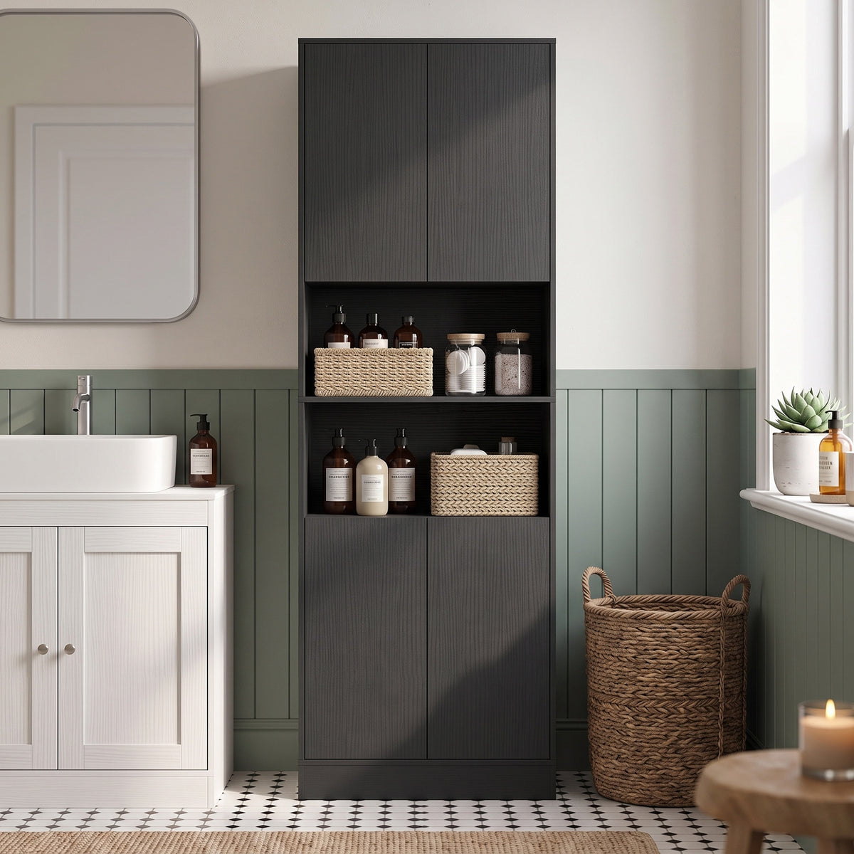 Buffet Haut Cuisine, Armoire de Cuisine, 4 Portes à Fermeture Douce, 2 Compartiments Ouverts et Étagères Réglables, Noir