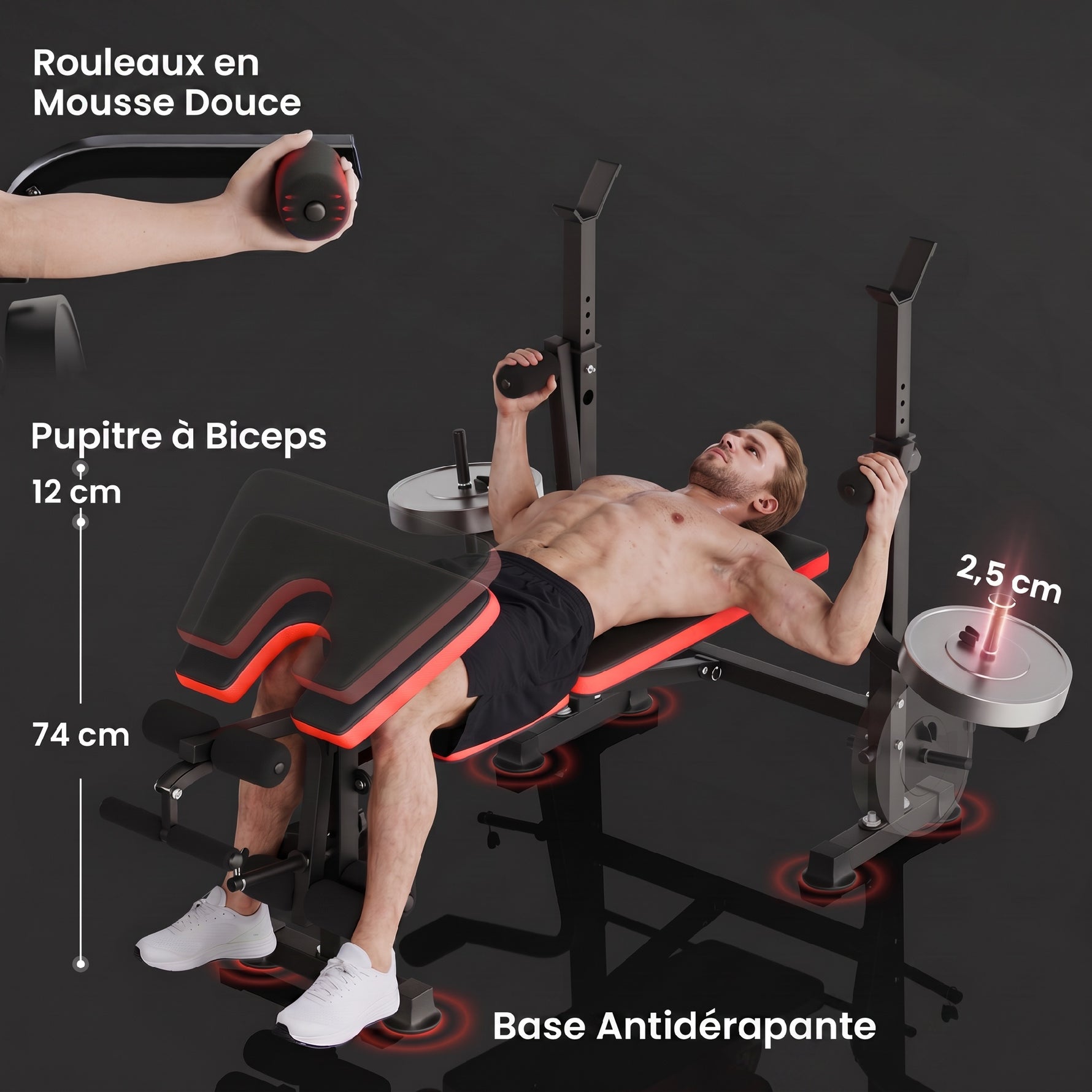 Banc de musculation Fitness entrainement complet avec support d'haltères dossier réglable acier 175 x 139 x 127 cm noir