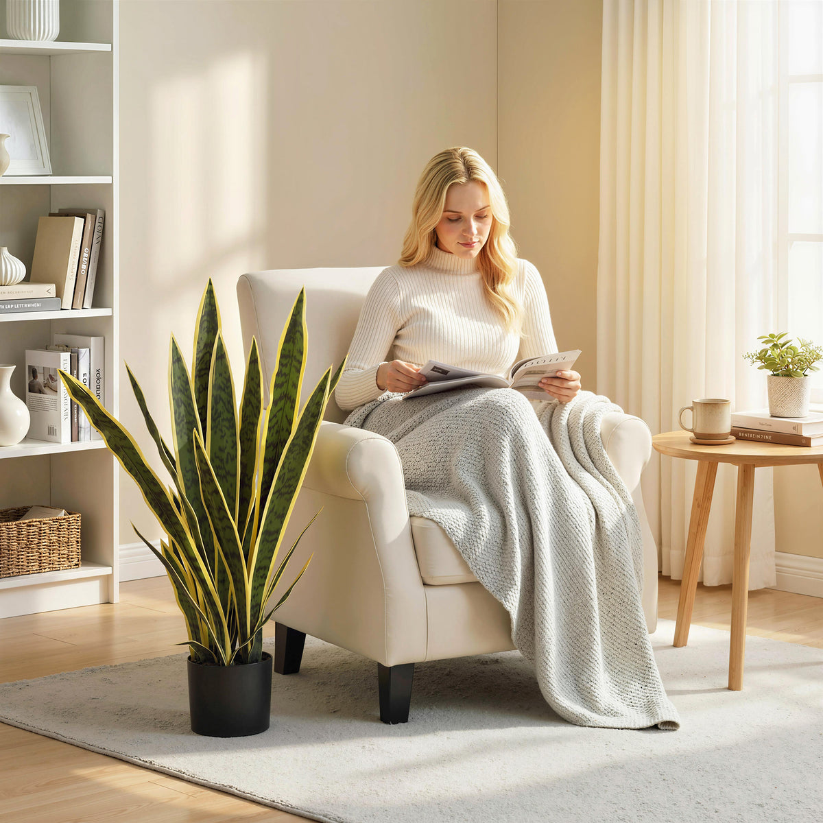 Plante Artificielle Sansevieria 77 cm avec 21 Feuilles Ajustables et Pot, Facile à Nettoyer, pour Bureau, Chambre, Vert