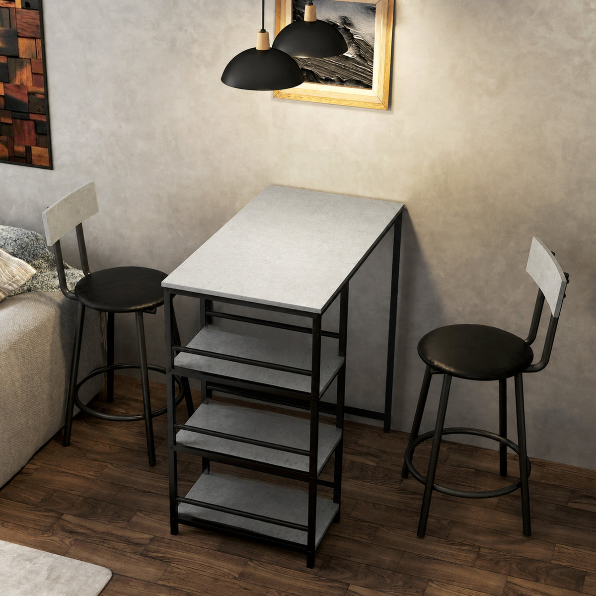 Ensemble table de bar avec 2 tabourets et étagères de rangement pour salle à manger, cuisine, gris et noir
