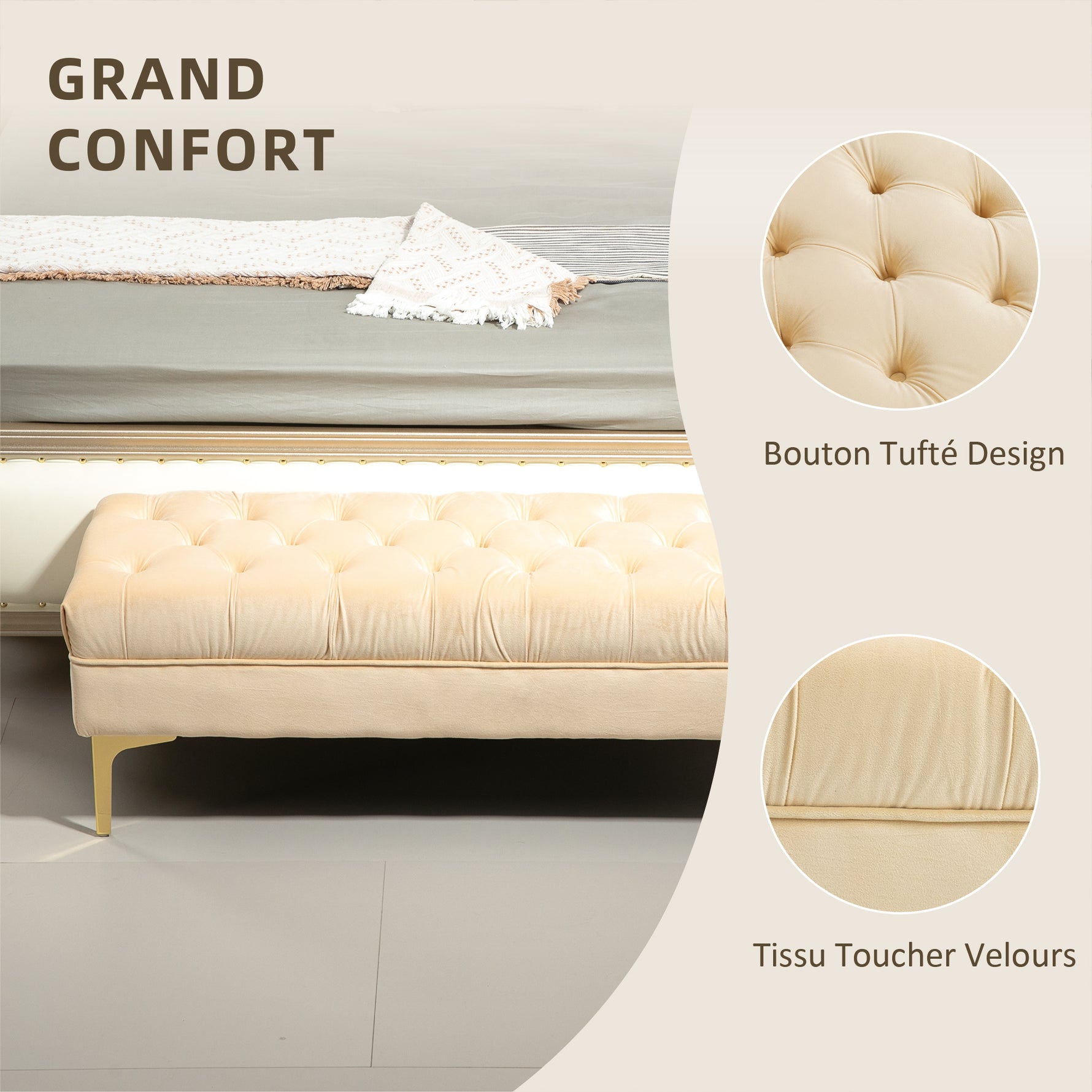 Banc banquette capitonnée bout de lit style classique chic dim. 118L x 45l x 42H cm piètement métal doré velours beige