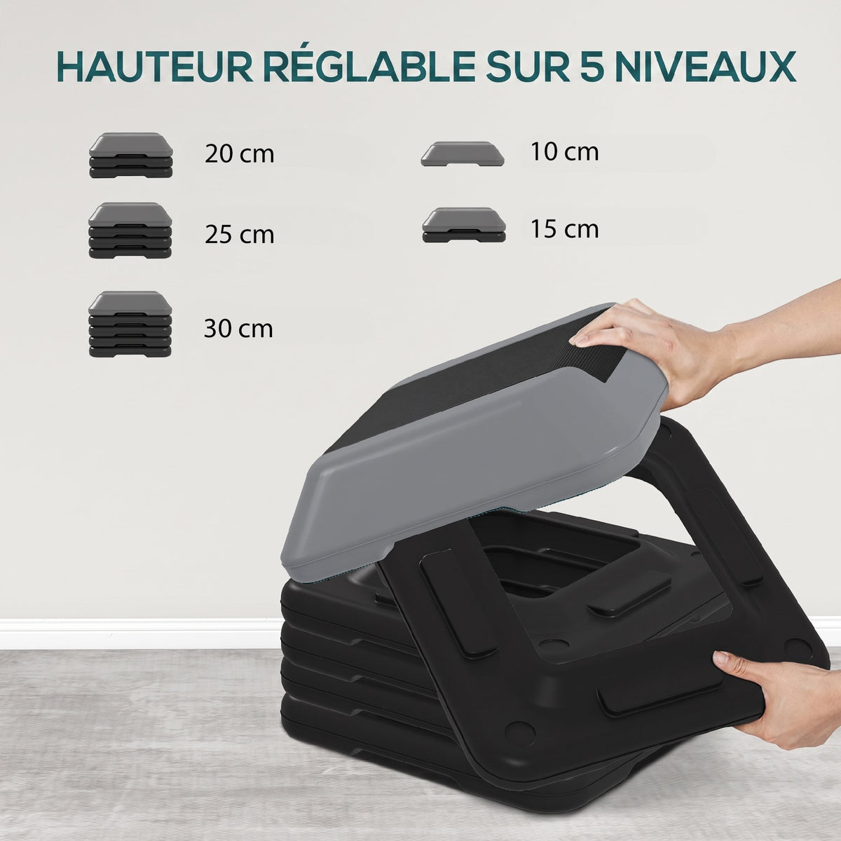 Aerobic Stepper, Marche d'Exercice, 5 Hauteurs Réglables de 10/15/20/25/30 cm, Charge 150 kg, Gris