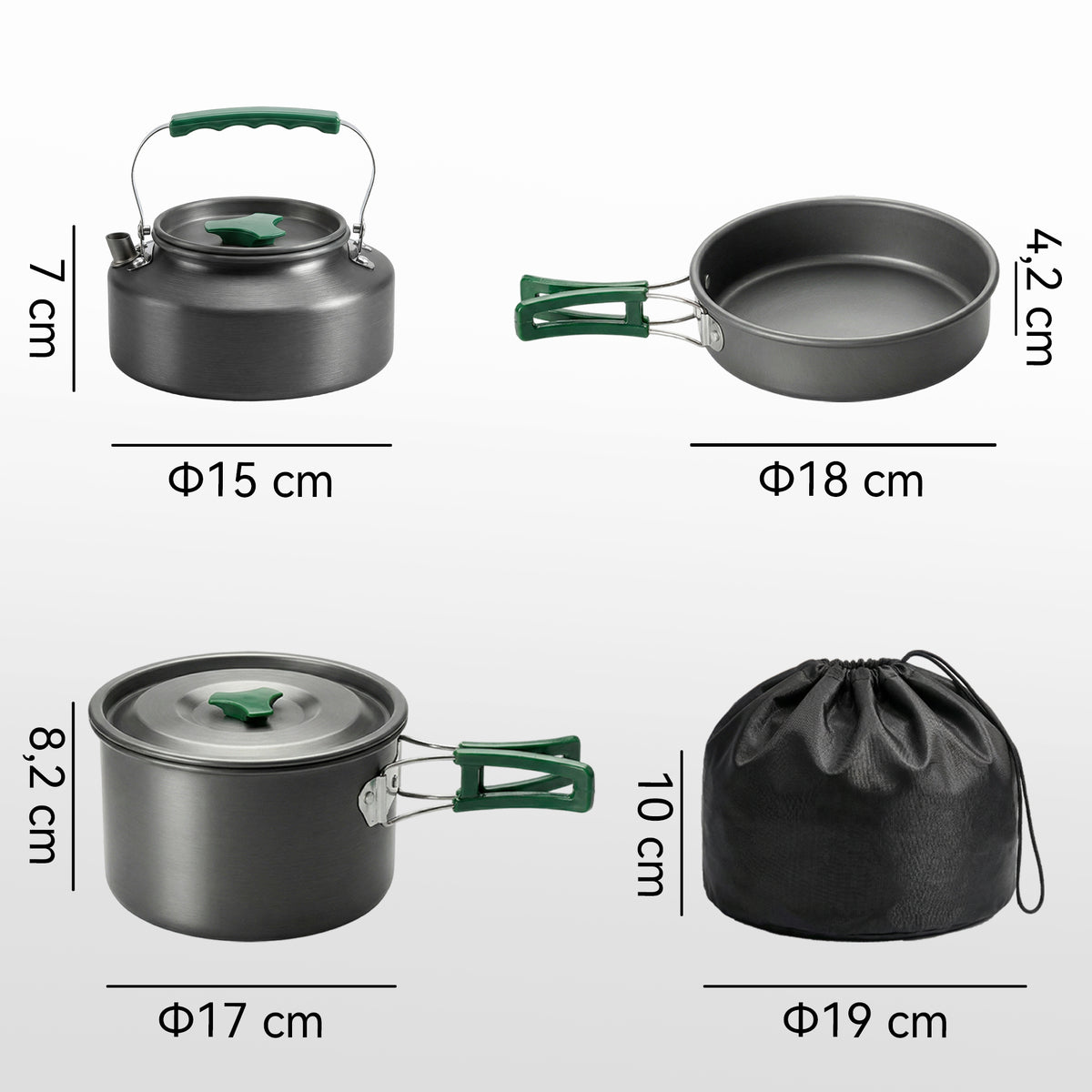 Kit de Casseroles Camping en Aluminium 11 Pcs, avec Sac de Rangement et Poignées Anti-Brûlures, Ø19x10cm, Gris-2