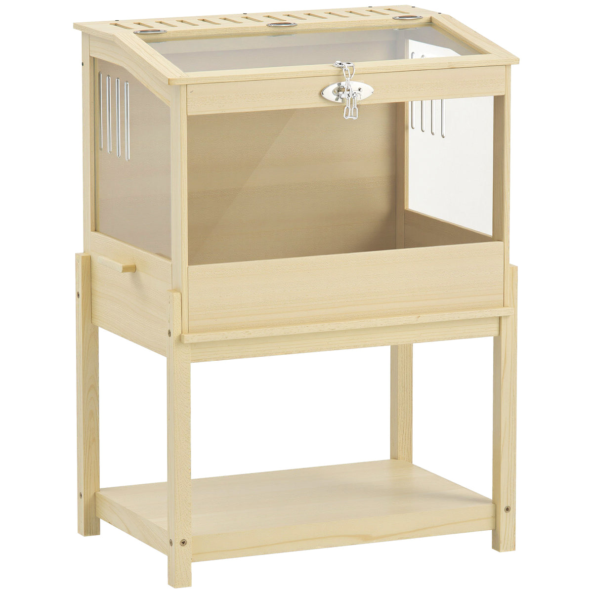 Hamster-kaiola egurrezkoa, altxatua, biltegiratzeko erretiluarekin eta ireki daitekeen estalkiarekin, 83,2 x 50 x 103 cm, egur naturalaren itxurakoa