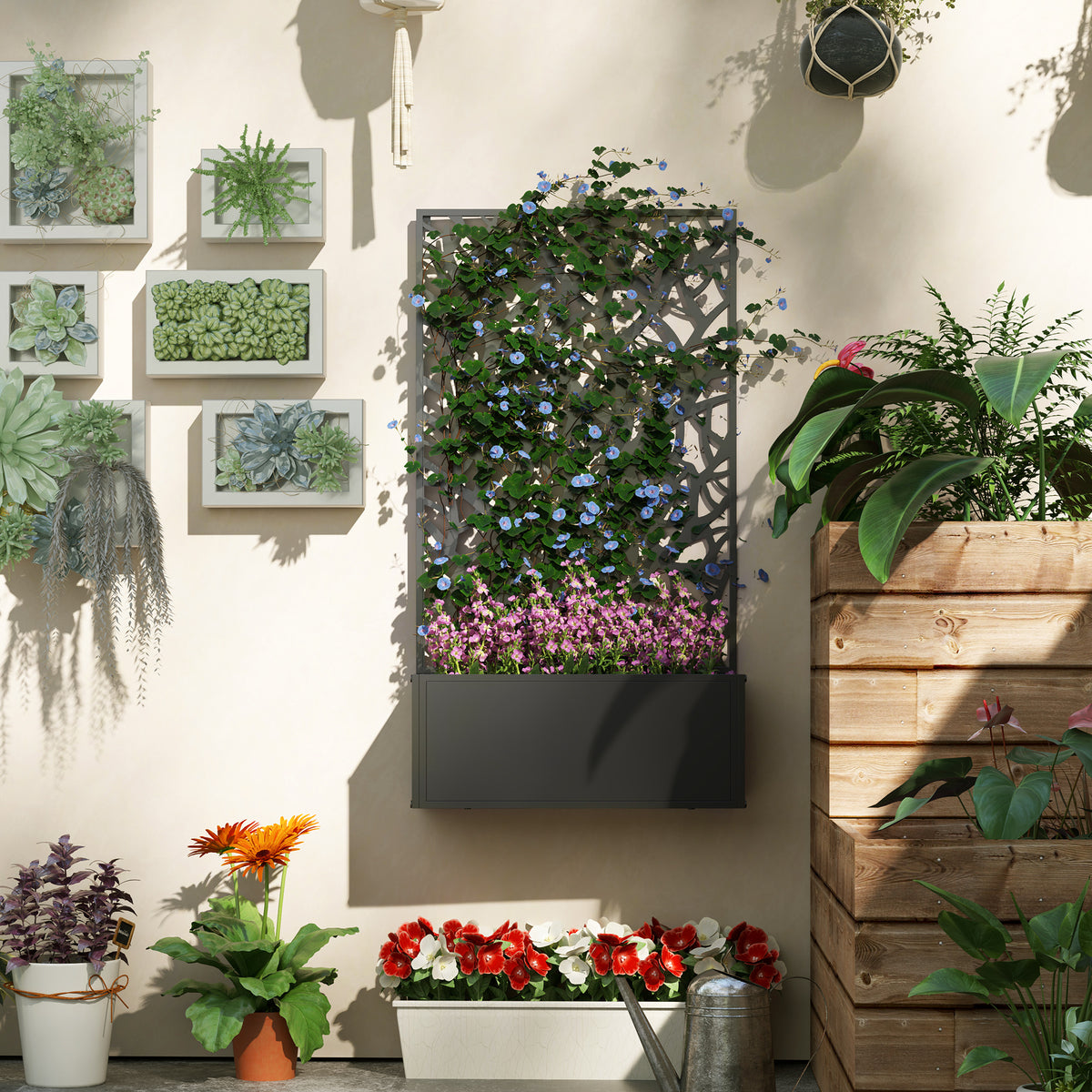 Plantenbak met klimrek, bloembak voor klimplanten, groenten, bloemen van metaal 61 x 23 x 113 cm zwart