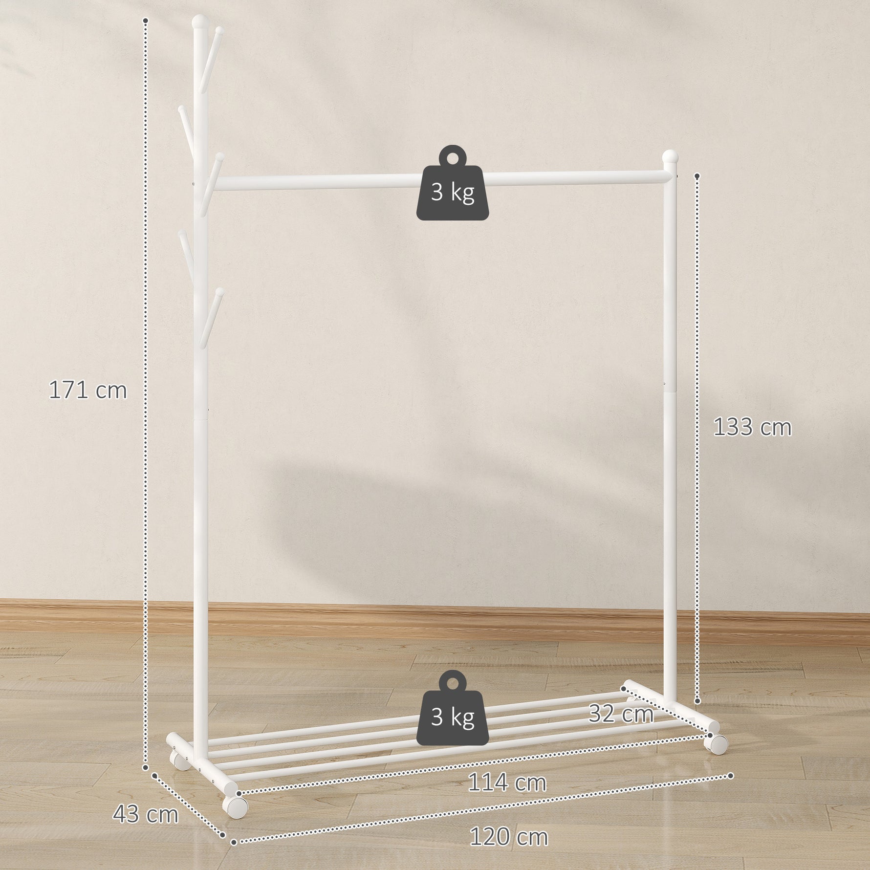 Portant à vêtements, porte-manteau sur roulettes avec étagère à chaussures et 5 crochets, 120 x 43 x 171 cm, blanc