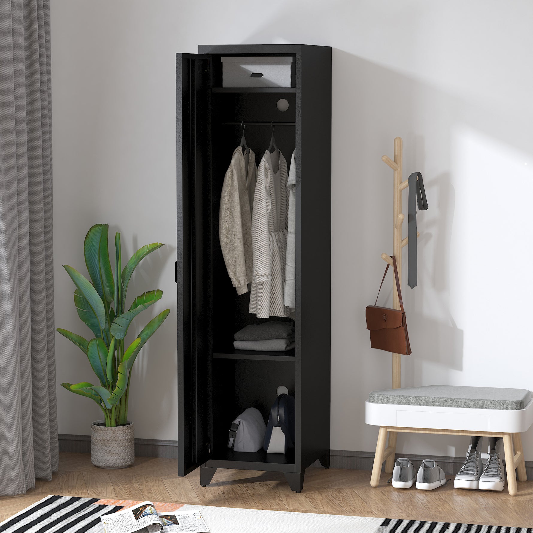 Armoire de Rangement compacte en métal casier style industriel avec 3 étagères, 1 tringle 43L x 50l x 180H cm